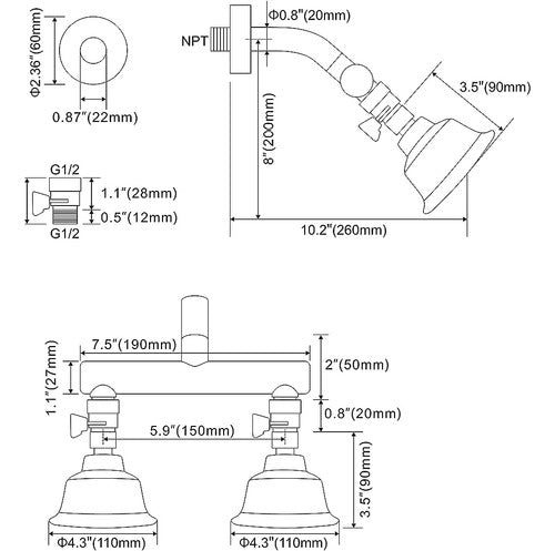 Kaphome Double Shower Head with Shut-off Valves 4