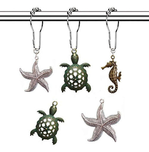 Molika - Shower Curtain Hooks with Turtle, Seahorse, and Starfish Design 0