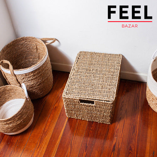 Feel Bazar Cajon Canasto Cesto Mimbre N5 Organizador Con Tapa Y Manija 4