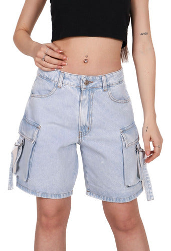 Bengolea Short Bermuda De Jean Cargo Rígido Con Tiras 0