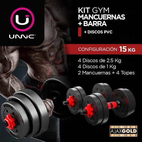 Unnic Dumbbell Set with Bar and Threaded Collars + 15 Kg Discs 3