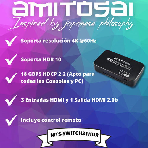 Amitosai HDMI 3x1 Switch 4K HDR10, HDCP 2.2 1