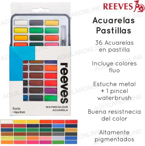 Kit Set 36 Acuarelas Lata Reeves Pastilla + Block Montval 2