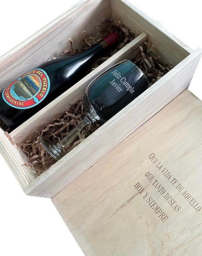 Caja Madera Doble Vino Con Copa Grabada Laser Personalizada 0