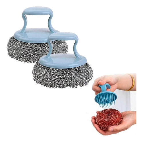 Set of 2 Stainless Steel Mesh Scrubbing Sponge with Handle 1