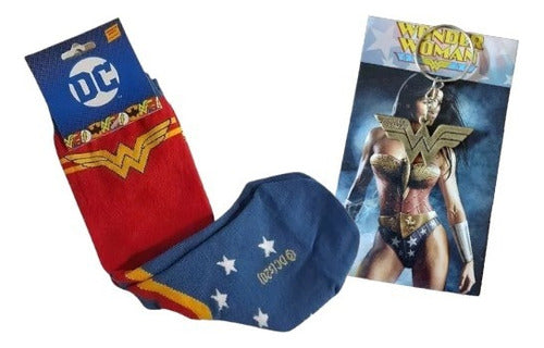 Combo X2 Wonder Woman 3/4 Socks + Metal Keychain Gift Set 0