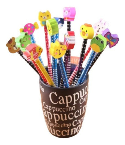 Fun Souvenir Pack of 12 Pencils with Erasers - Assorted Designs 0