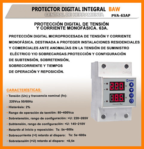 BAW Monophase Digital Voltage and Current Protector 63A 1