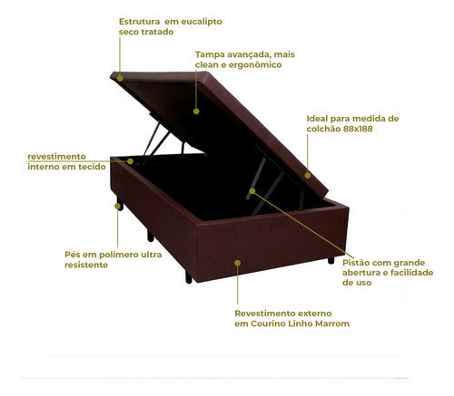 Base Box Com Baú Solteiro 88x188x42 Cm Courino Linho Marrom 4