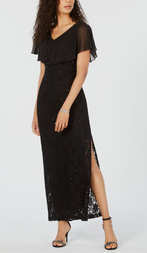 Connected Long Elasticized Black Dress with Sleeves - Serenity 0