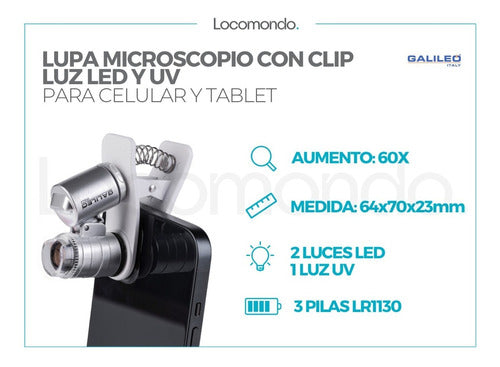 Galileo Lupa Microscopio 60x Con Clip Celular Tablet Luz Led 1