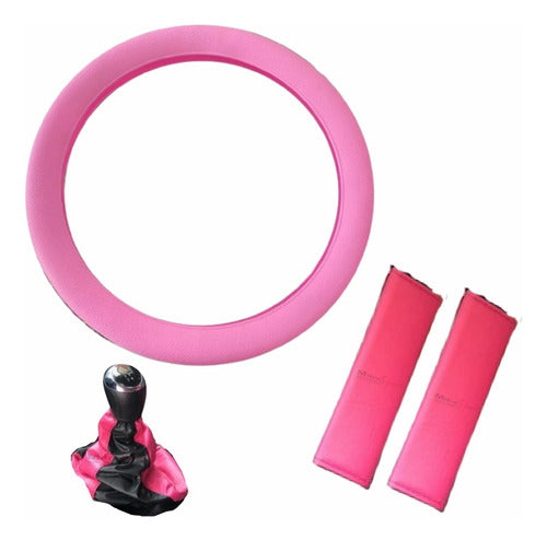 Pink Silicone Steering Wheel Cover + Belts + Gear Lever for Women 0