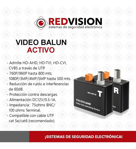 REDVISION Par Balun Activo Video CCTV Camara DVR UTP BNC 800m Mts 5MP 1