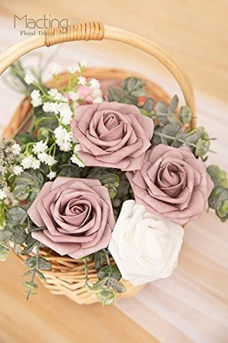 Macting Artificial Rose Flowers, 30pcs Real Touch Fake Foam Roses For Wedding Party Bouquets Baby Shower Home Decoration (Dusty Purple Pink) 5