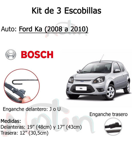 Kit 3 Bosch Windshield Wiper Blades for Ford Ka 2008 to 2010 2