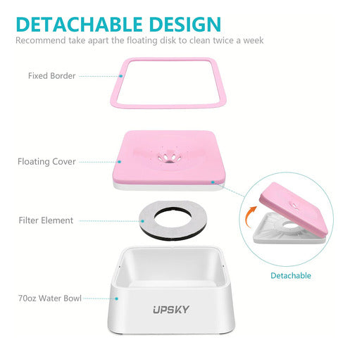 Upsky Dog Water Bowl 2L, Anti-Spill, Slow Feeder, Pink 1