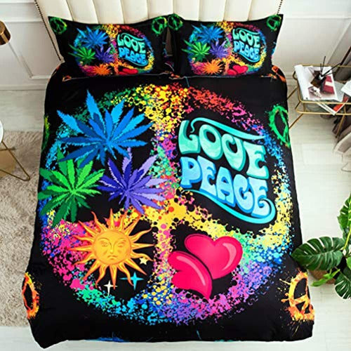 Suncloris Psychedelic Rainbow Black Peace Sign Bedding Set 1