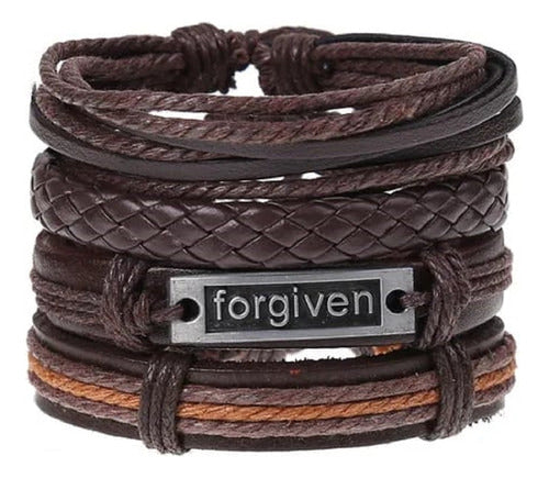 Burdah Brown Leather Bracelet Set with Forgiven Charm 4 in 1 0