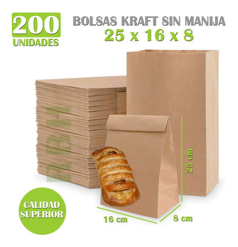 200 Units Kraft Paper Wood Handle-Less Delivery Bags 25x16x8 1
