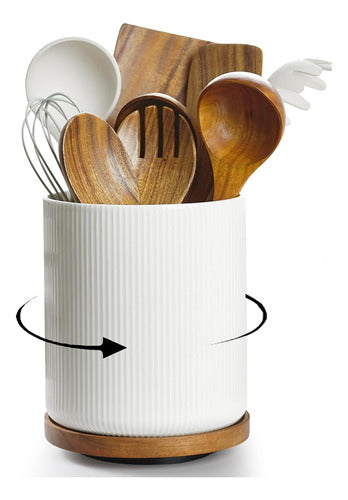 Getstar 360° Rotating Utensil Holder, Large Wooden Base 0