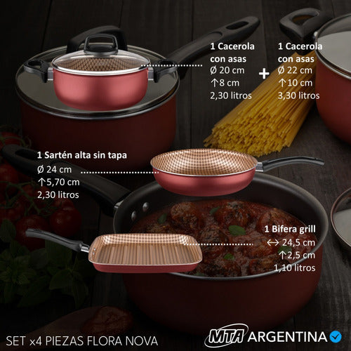 MTA Juego De Cacerola Batería Cocina 4 Pzas Teflón Flora 1