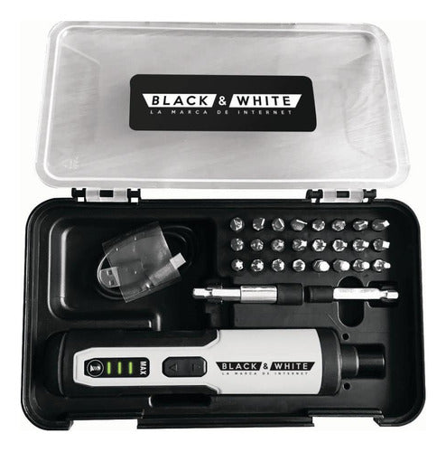 Black & White Rechargeable Screwdriver with Case and Accessories 1