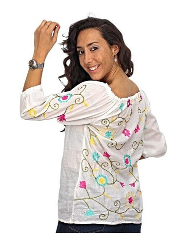 Cotton Daisy Blusa Blanca Mujer Paisana Bordada Flores Importada 0