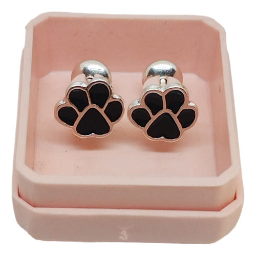 925 Silver Stud Earrings with Black Enamel Paw Design 0