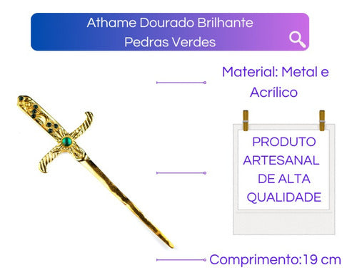 Athame Em Metal Dourado Brilhante 19 Cm Pedras Verdes 1