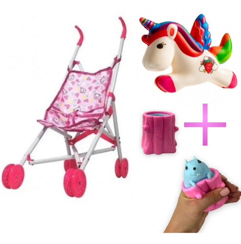 Toy Stroller + Squishy Unicorn + Squishy Squirrel Combo 1