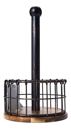 Pfaltzgraff Antique Anvil Cage Wire and Acacia Wood Paper Towel Holder, Black 2