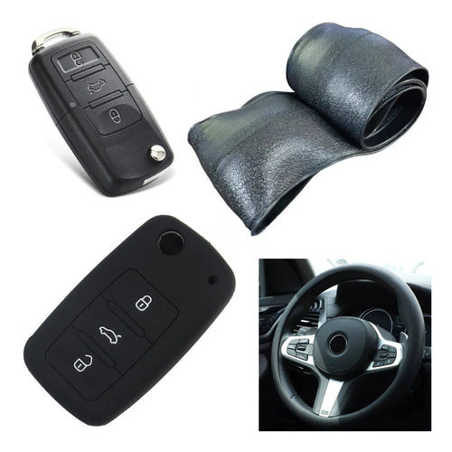 NL Silicone Steering Wheel Cover + Volkswagen Vento Key Silicone Case - Black 0