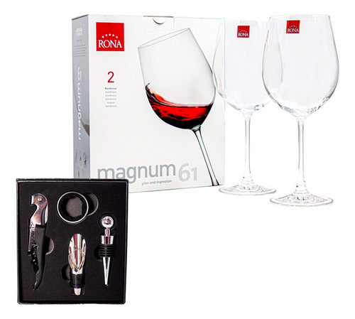 Set Accesorios Vino Caja + 2 Copas Vino Crystal Magnum 610cc 0