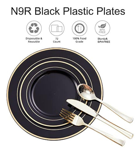 N9R Black Plastic Plates with Gold Rim - 72 Count 5