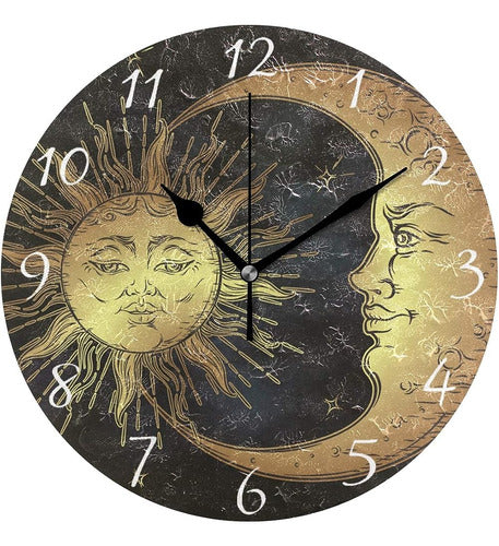 Ahomy Round Wall Clock Boho Sun And Moon Stars Home Art Deco 0