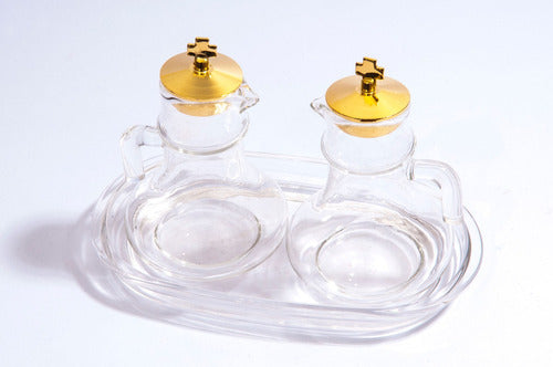 Golden Metal Glass Vinegar Cruet and Tray 1