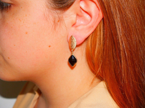 Romminox Hanging Earrings Laminated 18k Gold Sandy Design with Black Crystal 4