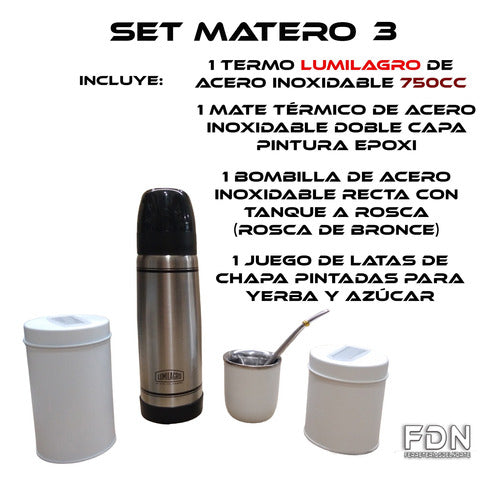 Lumilagro Termo Inoxidable 750cc + Mate Bco + B 340 + Latas 1