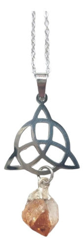 Wicca Trisquel Triquetra with Citrine Quartz Pendant and Steel Chain 0