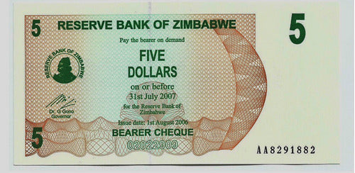 Fk Billete Zimbabwe 5 Dolares 2006 P-38 Sin Circular Lujo. 0