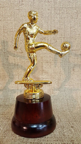 Trofeo Plástico Fútbol Pateando Dorado 15cm Base Madera 1