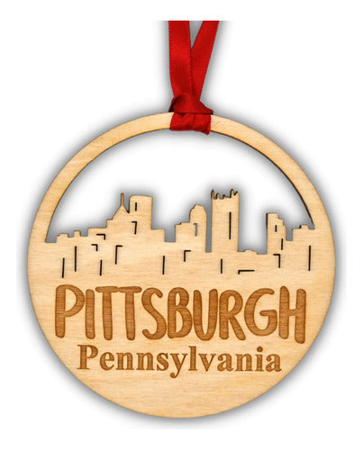 RoutyBits Pittsburgh Christmas Ornament - Wooden Skyline 0