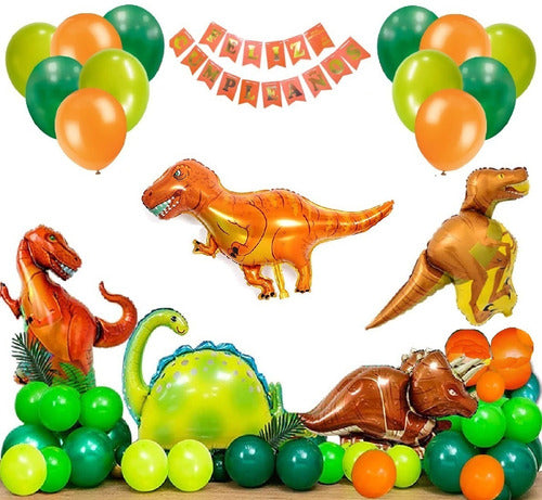 Set Deco Cumple Globos Dinosaurios T Rex Gigante Banderin 0