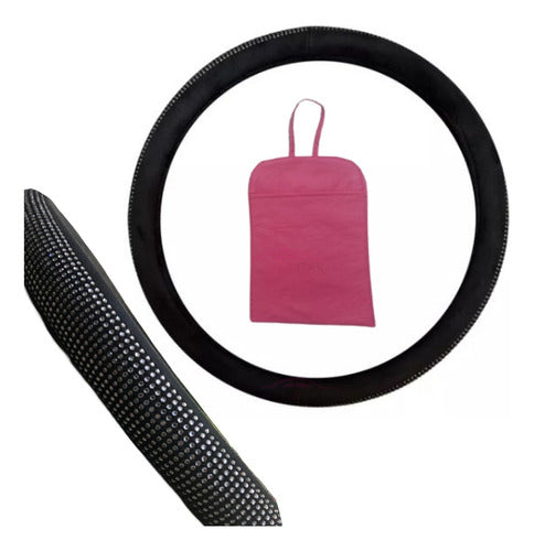 LadyCar Black Velvet Steering Wheel Cover with Silver Sparkles + Pink Trash Bag 0