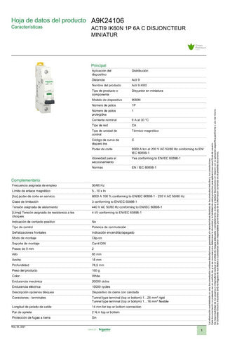 Interruptor 6ka. Termomagnetico Acti9 Ik60 1p 6a Curva C 1