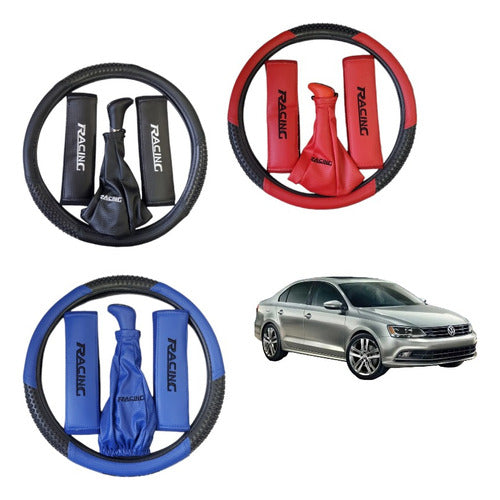 Sporty Steering Wheel Cover + Seat Belt Cover + Gear Shift Knob Combo for Honda Civic 0
