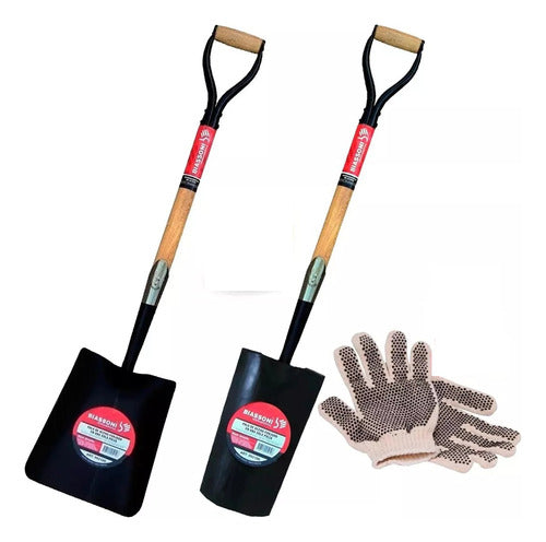 Biassoni Forged Shovel Set Wide and Point + Pair of Gloves 0