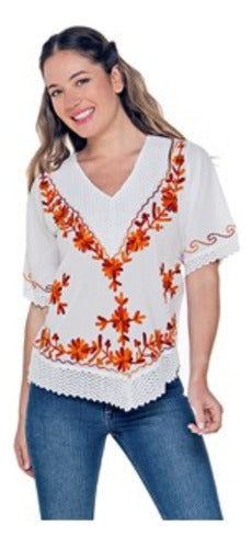 PATCHOULY ARTESANIAS Blusa Camisola Bordada Hindu Artesanal 100% Algodón Puntilla 0