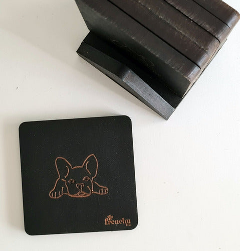 Frencu Wooden Coaster Set X 6 With Base Engraved French Bulldog 1