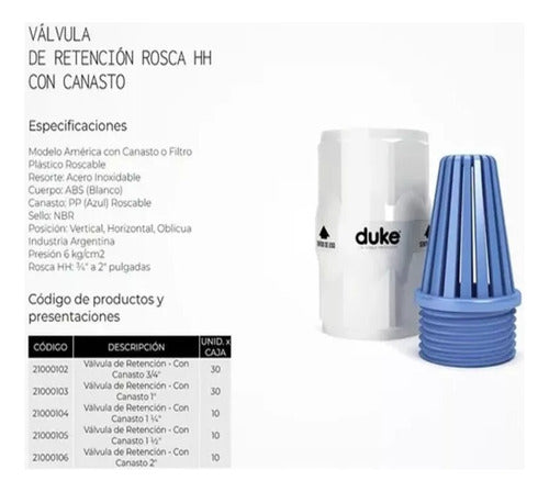 Duke Válvula De Retencion Con Canasto 1 1/2 Pulgada PVC 1